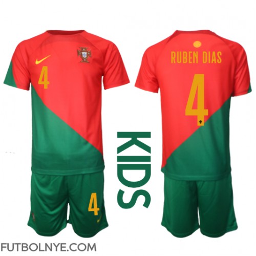 Camiseta Portugal Ruben Dias #4 Primera Equipación para niños Mundial 2022 manga corta (+ pantalones cortos)